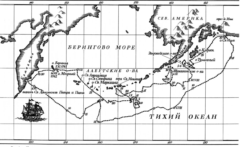 Схема Второй Камчатской экспедиции; указан путь корабля «Святой Петр», которым командовал Витус Беринг