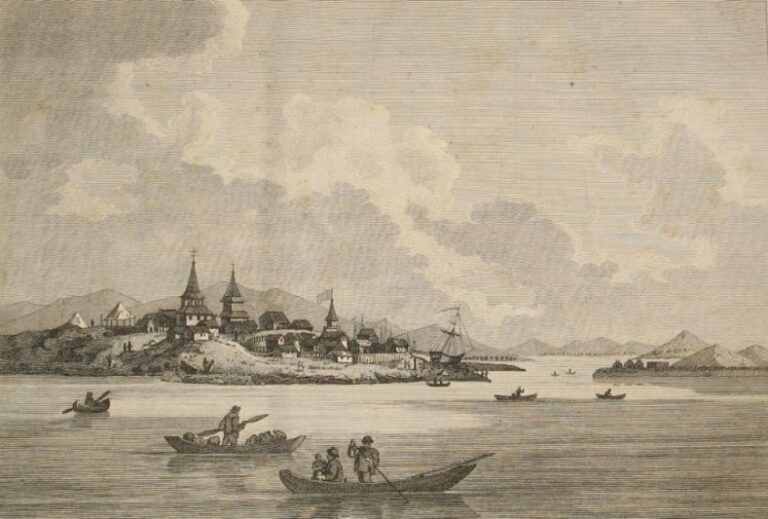 Вид на порт Охотск в конце XVIII века из французского издания 1802 года