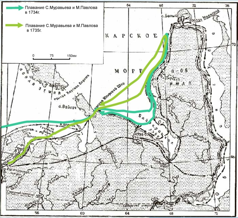 Карта плавания С. Муравьёва и М. Павлова