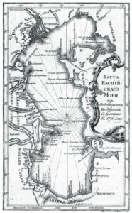 Итоговая печатная «Карта Каспийского моря из новейших известий собранная в 1776 году» Гравёр С. Максимович.