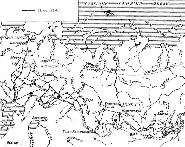 Схема маршрутов  экспедиции П.-С. Палласа
