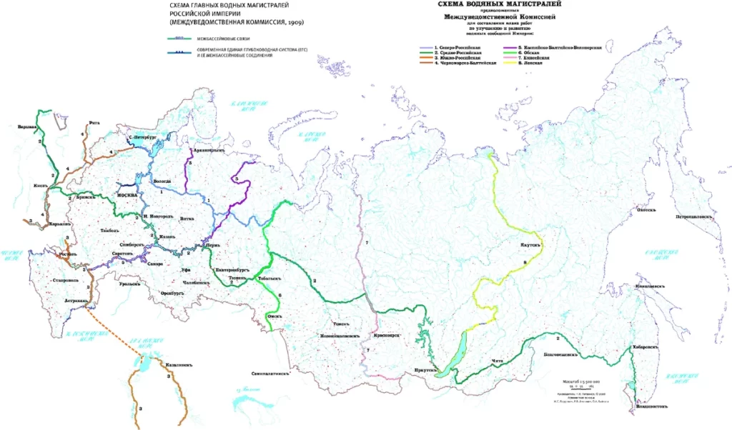 «Схема водяных магистралей предположенных Междуведомственной комиссией для составления плана работ по улучшению и развитию водяных сообщений Империи», 1909 год