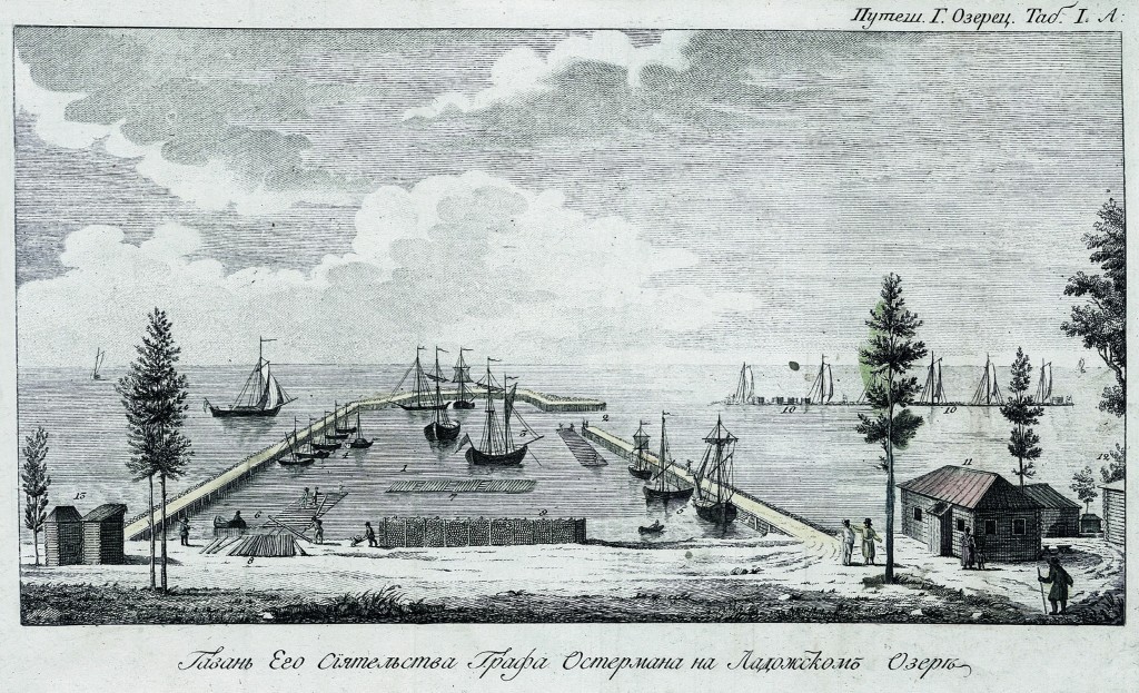 «План гавани Остермана на Ладожском озере»  Раскрашенная гравюра.  Путешествие 1785