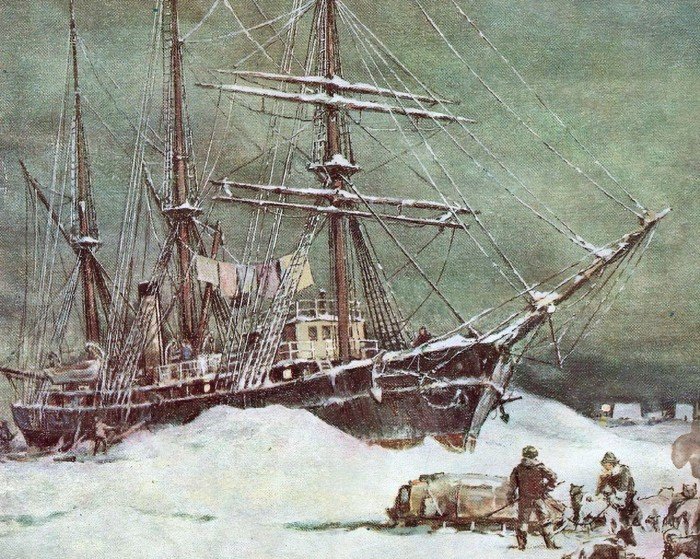 Шхуна «Заря», застрявшая во льдах. Рисунок одного из участников экспедиции