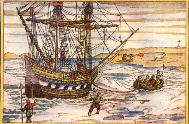 Корабль Баренца у берегов Новой Земли. Гравюра из издания дневника Геррита де Веера 1598 г