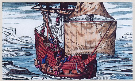 Корабль Баренца, вскоре раздавленный льдами, в 1596 году. Иллюстрация из первого издания дневника Геррита де Веера 1598 г.