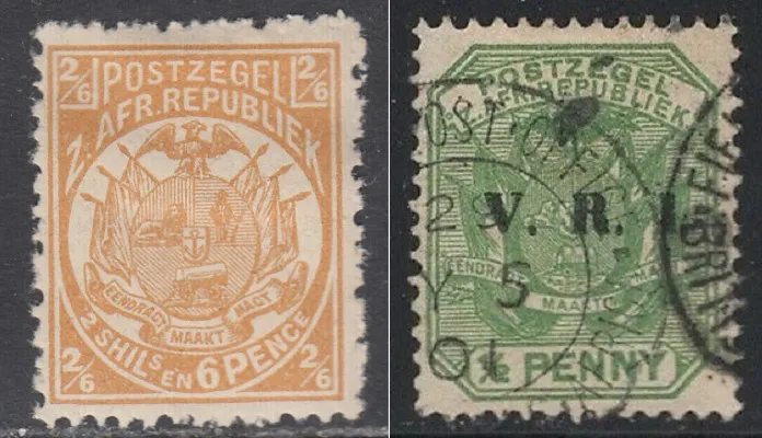 Трансваальские марки образца 1885-1893 годов без британской надпечатки и с надпечаткой
