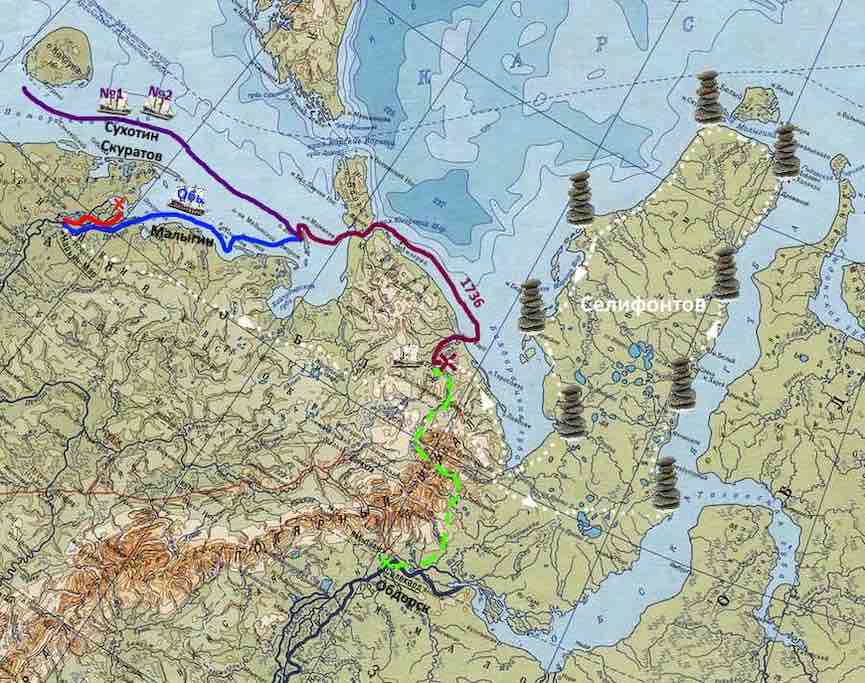 Карта походов Малыгина и Селифонтова