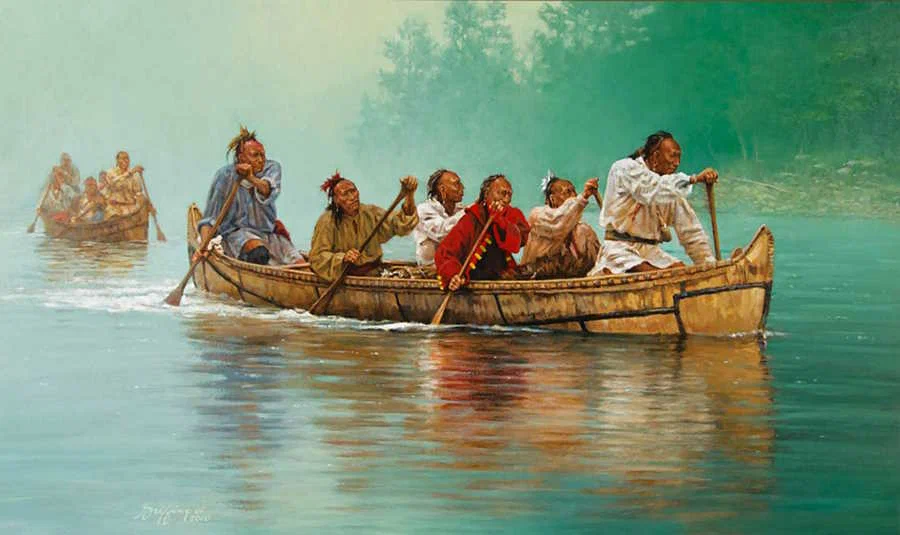 Американские лодки, переполненные индейцами