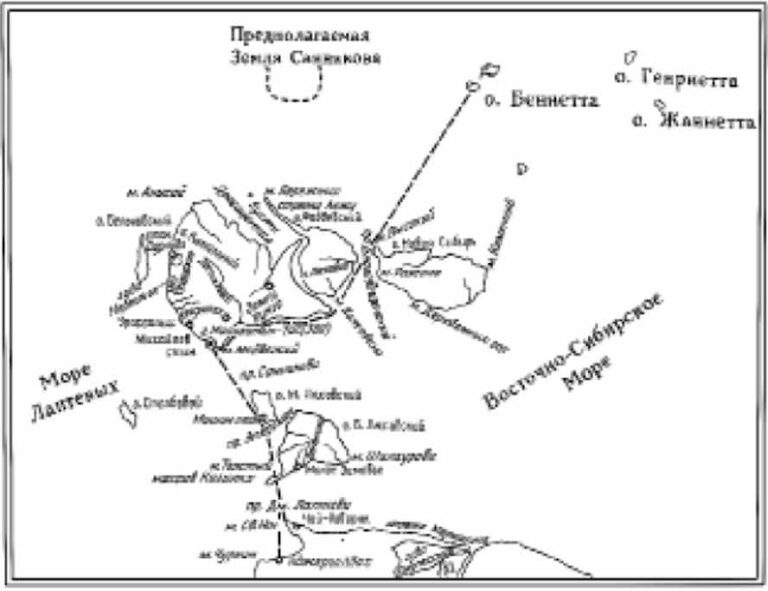 Схематическая карта движения спасательной экспедиции лейтенанта А.В. Колчака на о. Беннетта (май – август 1903 г.)