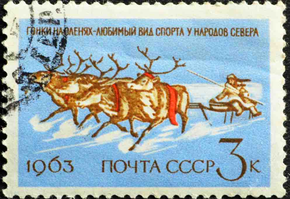 Марка Почты СССР 1963 года, посвящённая гонке на оленях 