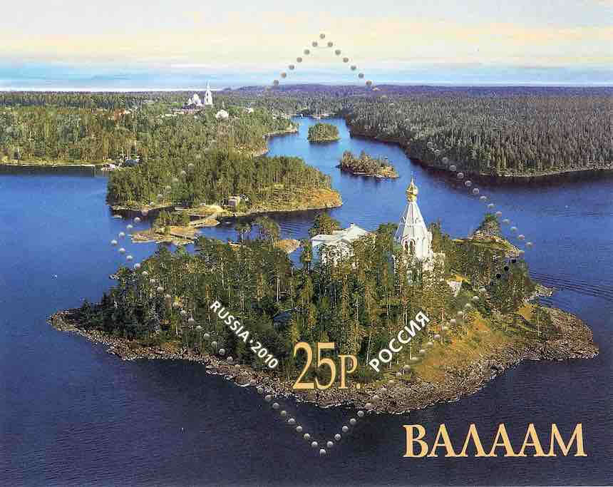 Марочный блок Почты России 2010 года, посвящённый острову Валаам в Карелии